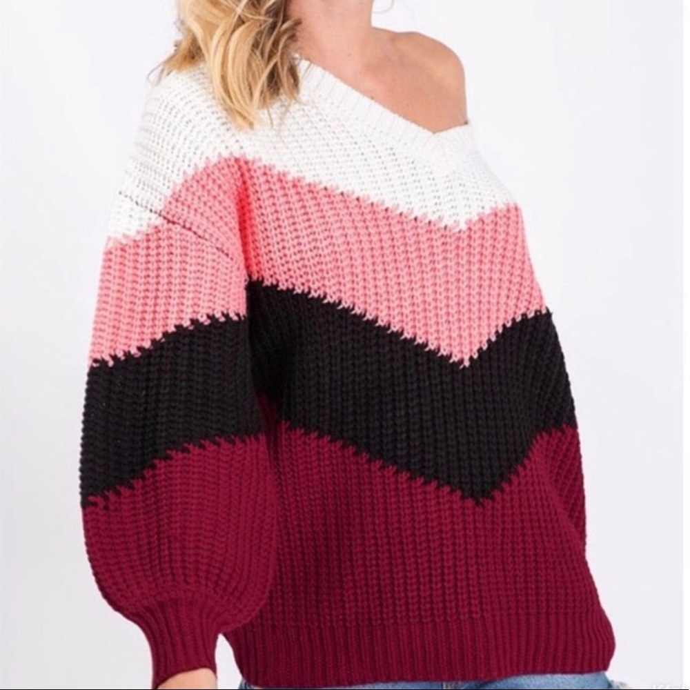$ FIRM 🌷 Burgundy Chevron Colorblock Sweater - Picture 8 of 8